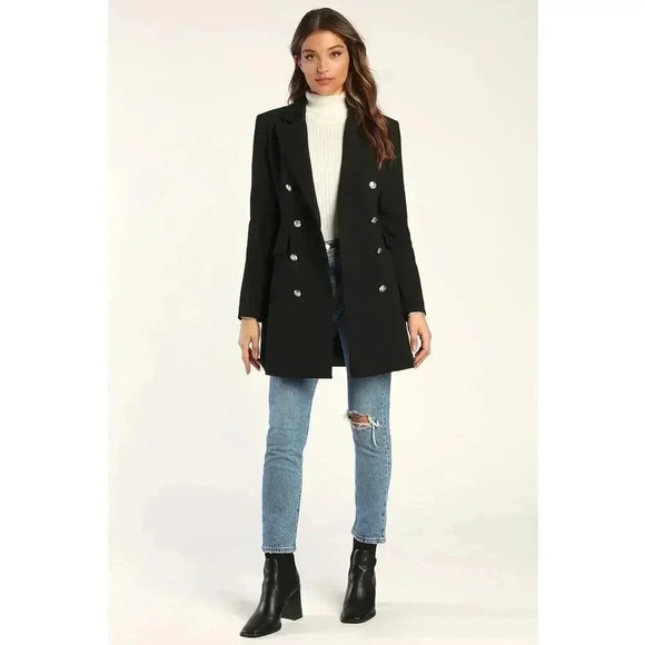 NWT Lulus Captain's Blog Black Double-Breasted Coat/Dress in  Black Size M - Picture 2 of 15